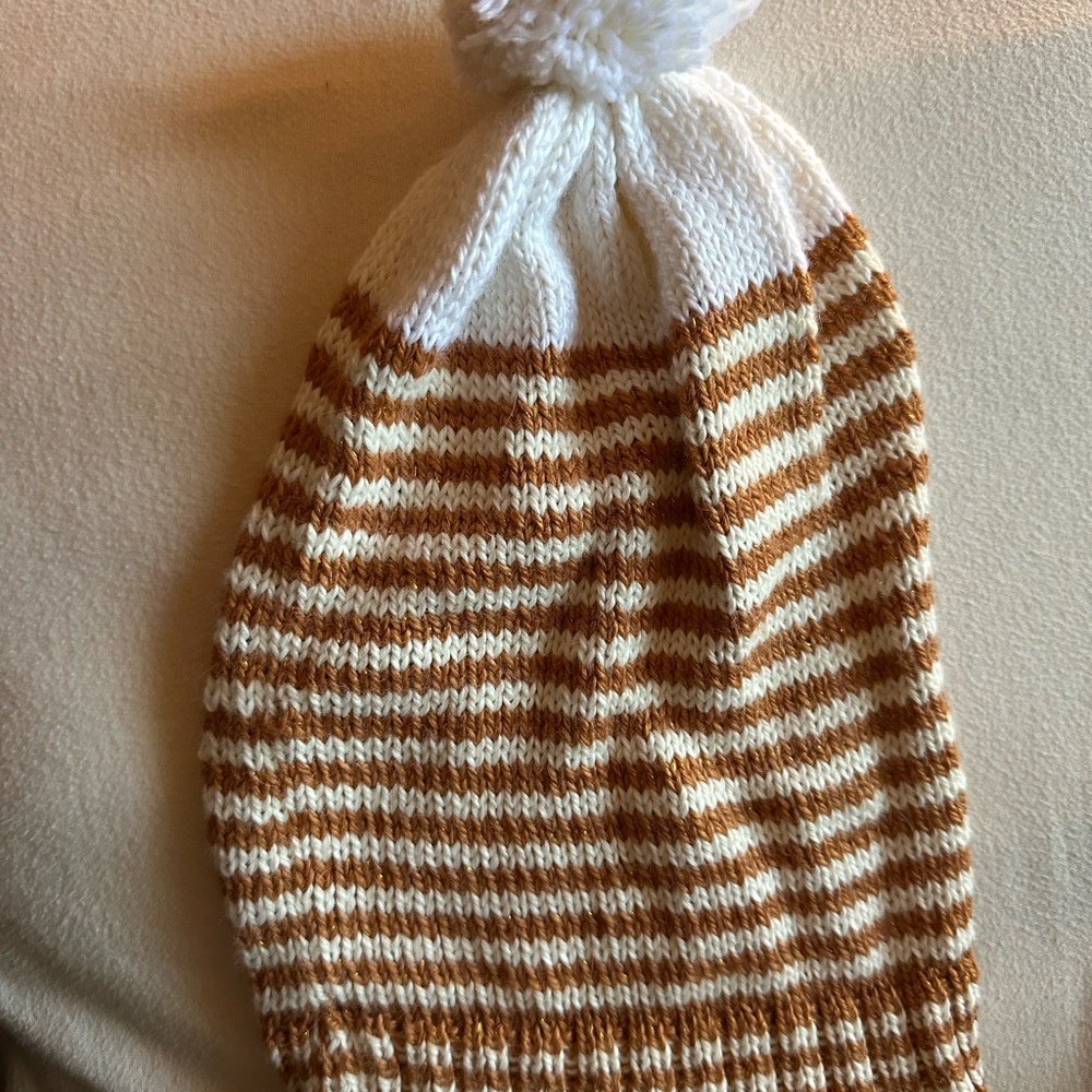 BRAND NEW | White & Dark Orange Knit Pom Beanie | Sparkle Striped Winter Hat